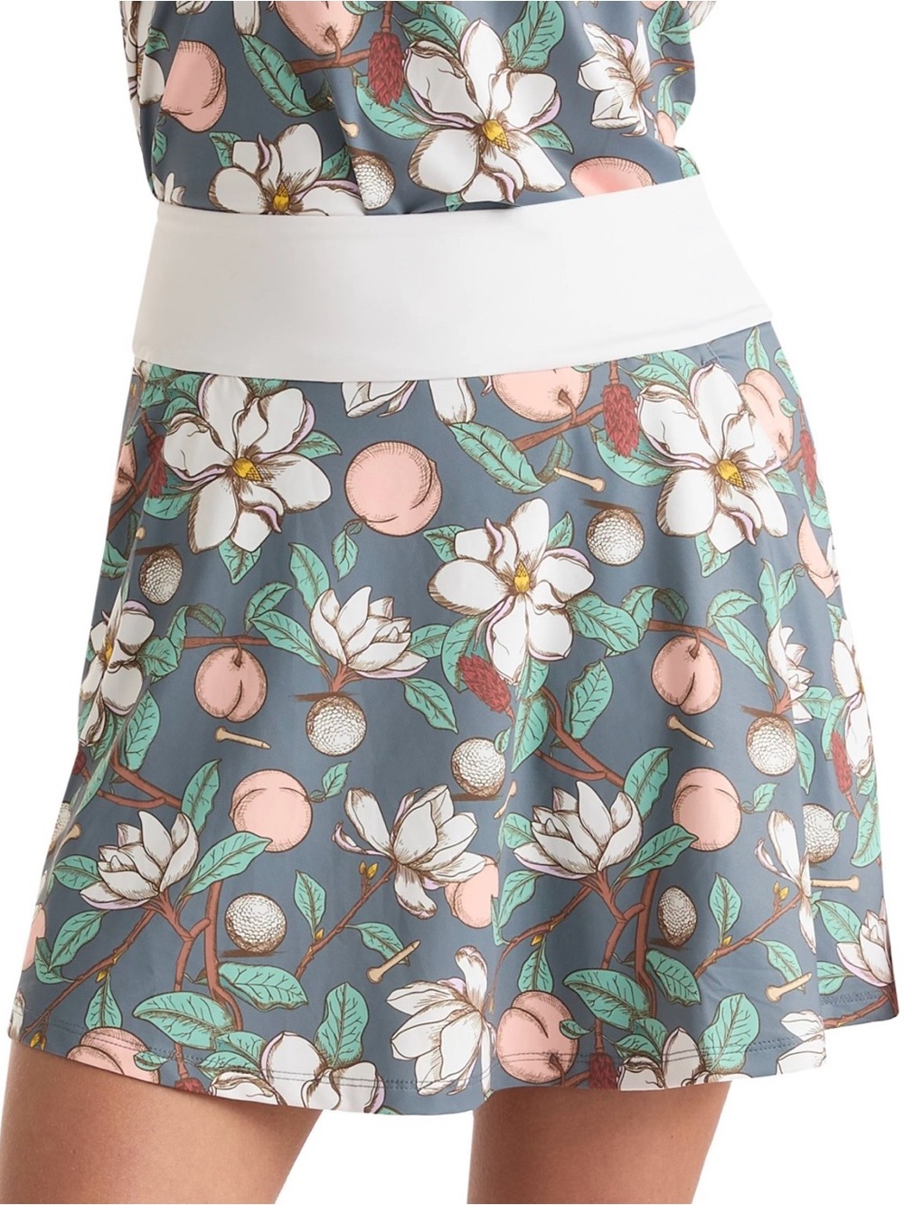 Golf A-Line Skort with Magnolia, Peaches and Golf Ball design.